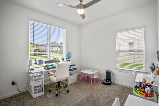 office with ceiling fan and carpet