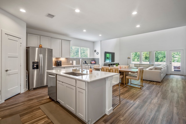 kitchen featuring white cabinets, sink, an island with sink, dark hardwood / wood-style floors, and appliances with stainless steel finishes