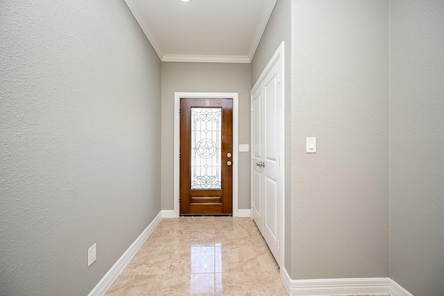 6122 Hopper Rd, Houston, TX 77016 - doorway with light marble finish flooring, crown molding, baseboards, and a textured wall