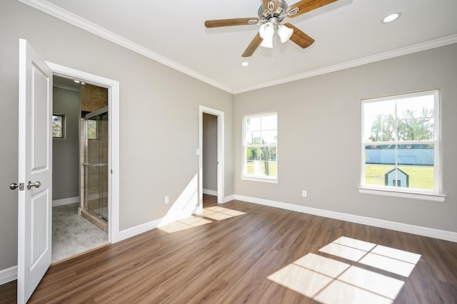 6122 Hopper Rd, Houston, TX 77016 - spare room with ornamental molding, baseboards, wood finished floors, recessed lighting, and ceiling fan