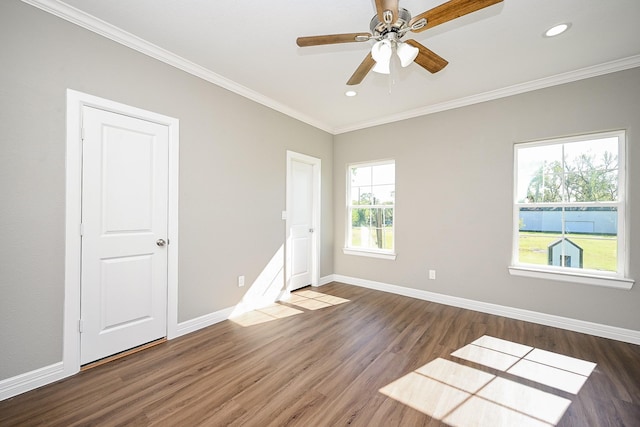 6122 Hopper Rd, Houston, TX 77016 - empty room with ornamental molding, wood finished floors, baseboards, recessed lighting, and a ceiling fan