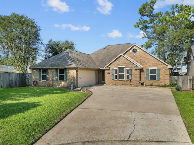 view of front of property with a garage and a front lawn