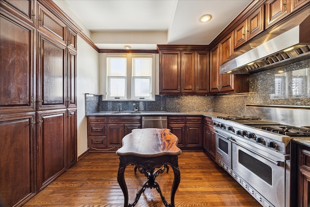 kitchen featuring stainless steel appliances, range hood, backsplash, and dark hardwood / wood-style flooring