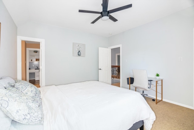 bedroom with ceiling fan and carpet