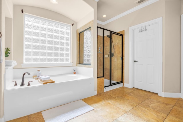 bathroom featuring plus walk in shower and ornamental molding