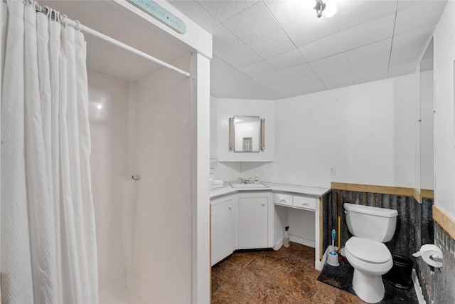 bathroom with curtained shower, toilet, and vanity