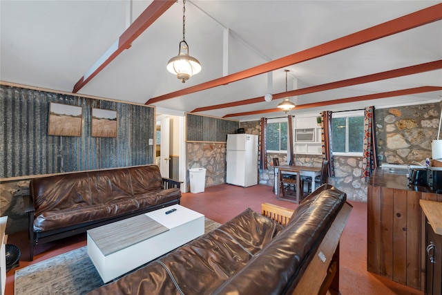 living room with lofted ceiling and a wall unit AC