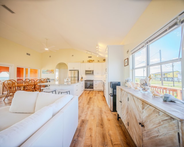 kitchen featuring stainless steel appliances, light hardwood / wood-style floors, white cabinetry, ceiling fan, and a center island