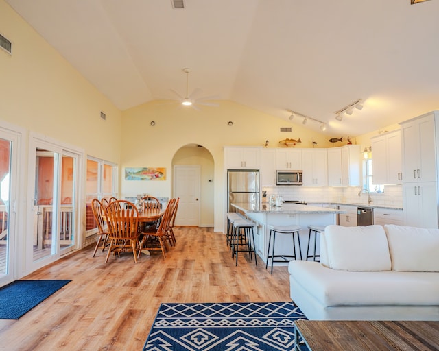 living room featuring high vaulted ceiling, light hardwood / wood-style floors, ceiling fan, and sink