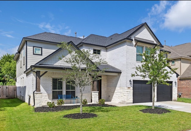 view of front of house with a garage, a porch, and a front yard