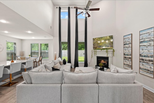 living room featuring hardwood / wood-style flooring, a high ceiling, and ceiling fan