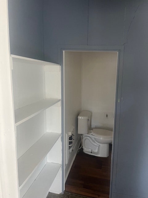 bathroom featuring wood-type flooring and toilet