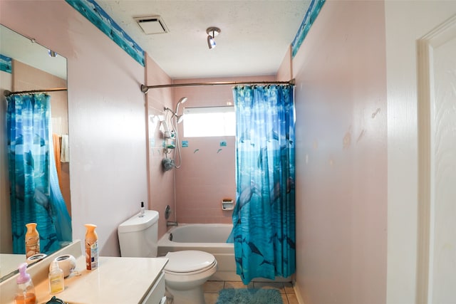 full bathroom featuring vanity, tile patterned flooring, shower / bathtub combination with curtain, and toilet