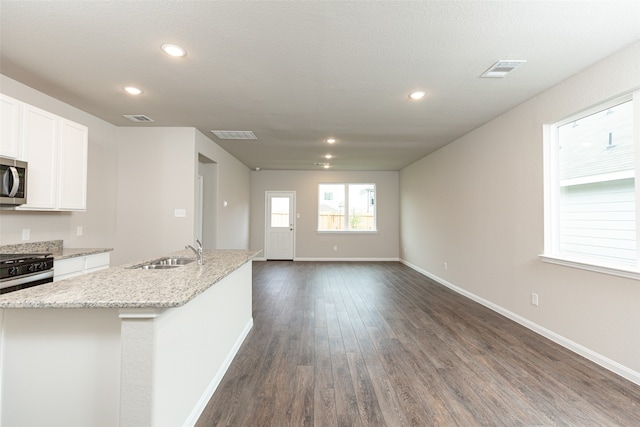 kitchen featuring light stone counters, white cabinets, sink, an island with sink, and dark hardwood / wood-style floors