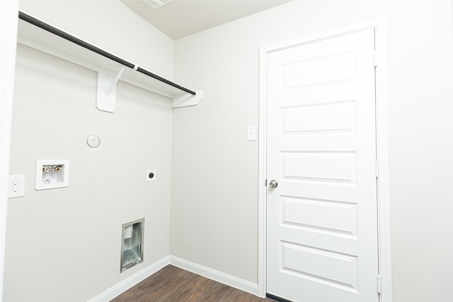 clothes washing area with gas dryer hookup, hookup for a washing machine, hookup for an electric dryer, and dark hardwood / wood-style flooring