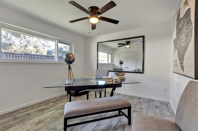 dining area with light hardwood / wood-style floors and ceiling fan