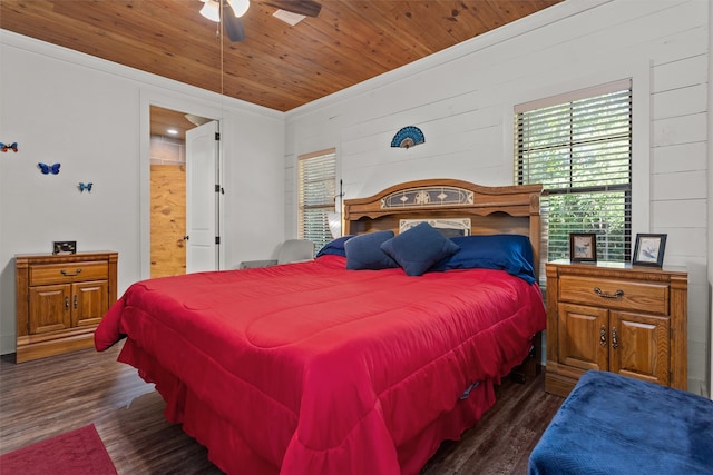 bedroom with ceiling fan, dark wood-type flooring, crown molding, wooden walls, and wood ceiling