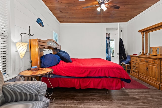 bedroom featuring wooden walls, ornamental molding, wood ceiling, and dark hardwood / wood-style flooring