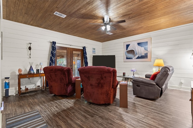 living room featuring dark hardwood / wood-style floors, ceiling fan, wooden ceiling, and wood walls