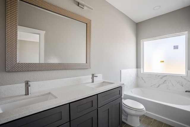 bathroom featuring toilet, a washtub, and vanity