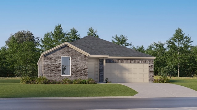 ranch-style house with a front yard and a garage