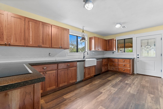 kitchen with dark wood-type flooring, sink, pendant lighting, and dishwasher