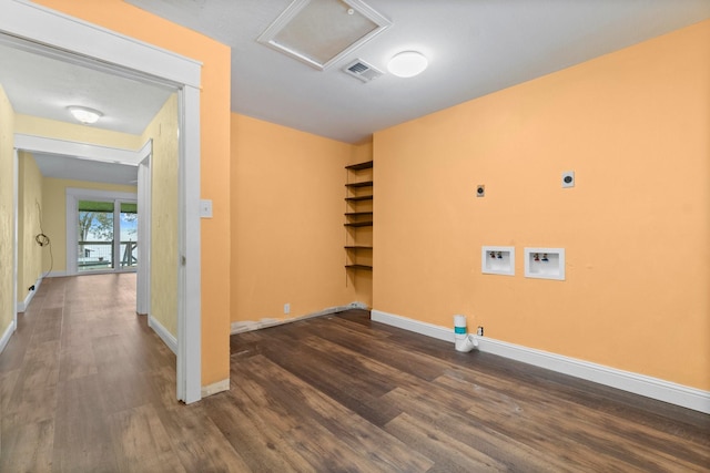 laundry room featuring attic access, visible vents, dark wood-style flooring, and electric dryer hookup