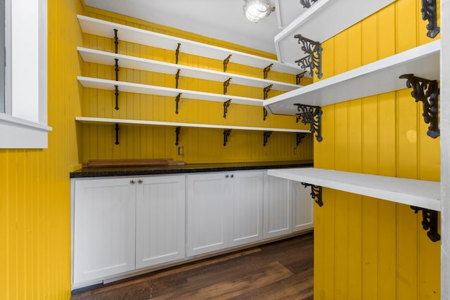 interior space with white cabinetry and dark wood-type flooring