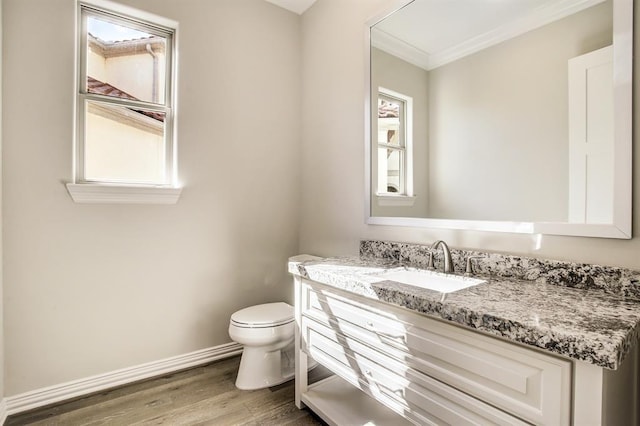 bathroom featuring vanity, wood-type flooring, ornamental molding, and toilet