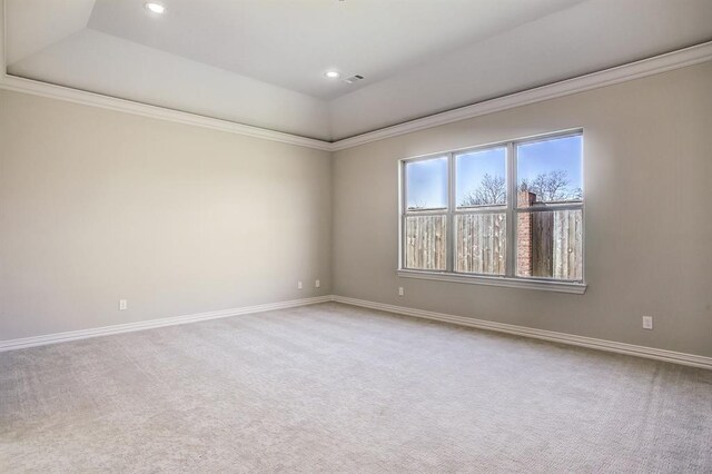 unfurnished room featuring ornamental molding, carpet flooring, and a raised ceiling