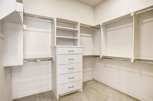 walk in closet featuring light colored carpet