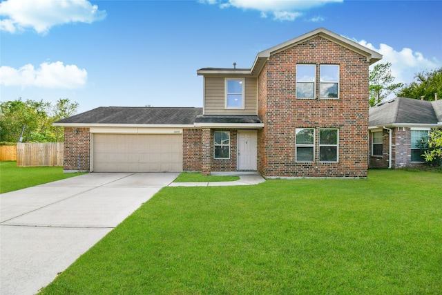 view of front property featuring a garage and a front lawn