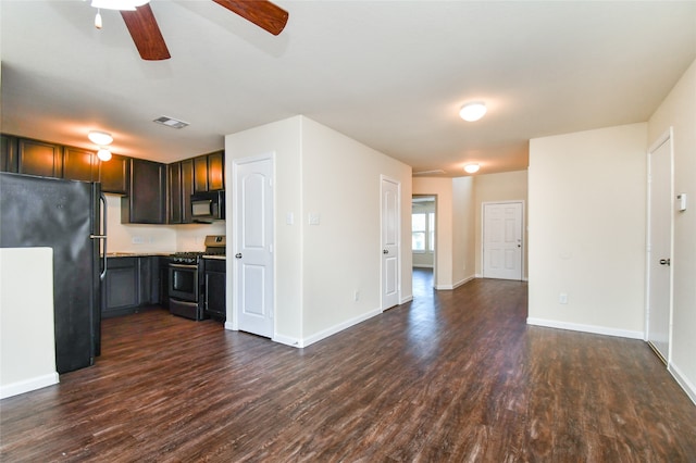 kitchen with black appliances, ceiling fan, dark hardwood / wood-style flooring, and dark brown cabinets