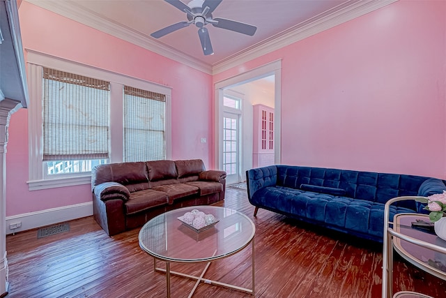 living room featuring ceiling fan, hardwood / wood-style flooring, and ornamental molding