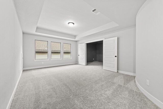 unfurnished bedroom with light colored carpet and a raised ceiling