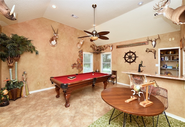 rec room featuring pool table, tile patterned floors, a textured ceiling, high vaulted ceiling, and ceiling fan