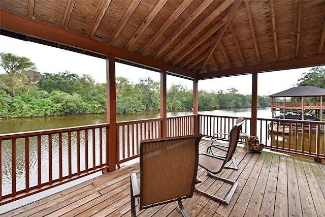 deck featuring a water view and a gazebo