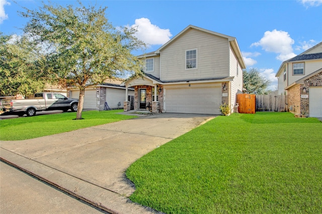 view of property featuring a front lawn and a garage