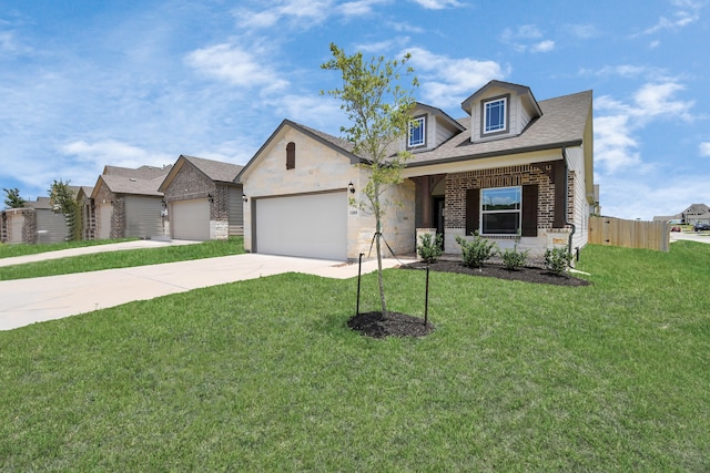 view of front of house with a garage, a front lawn, and covered porch