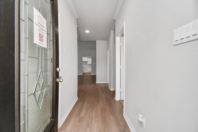 hallway featuring wood-type flooring and crown molding