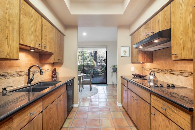 kitchen featuring backsplash, sink, light tile patterned floors, and black appliances