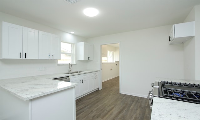 kitchen featuring dark hardwood / wood-style flooring, white cabinets, sink, light stone countertops, and appliances with stainless steel finishes