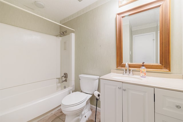 full bathroom with tile patterned flooring, washtub / shower combination, a textured ceiling, vanity, and toilet