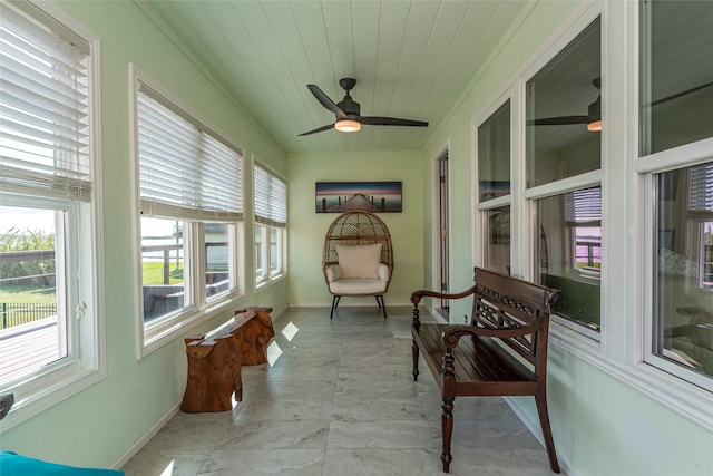 sunroom / solarium featuring ceiling fan and wooden ceiling