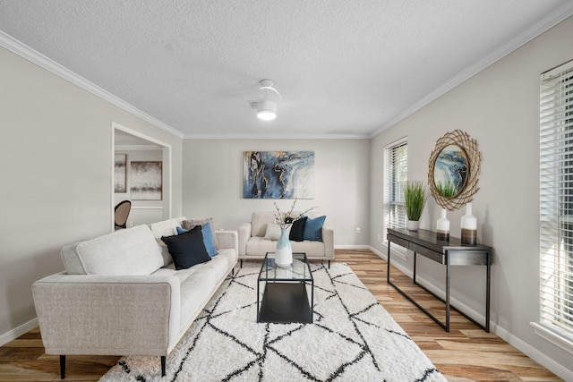 living room featuring crown molding, a textured ceiling, and light wood-type flooring