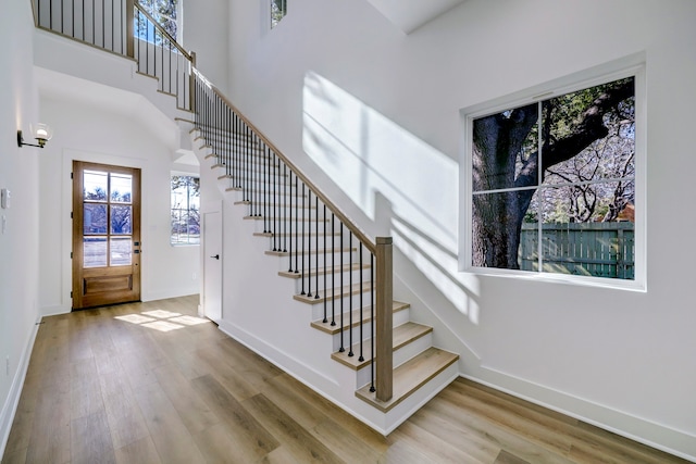 foyer featuring a towering ceiling and light wood-type flooring