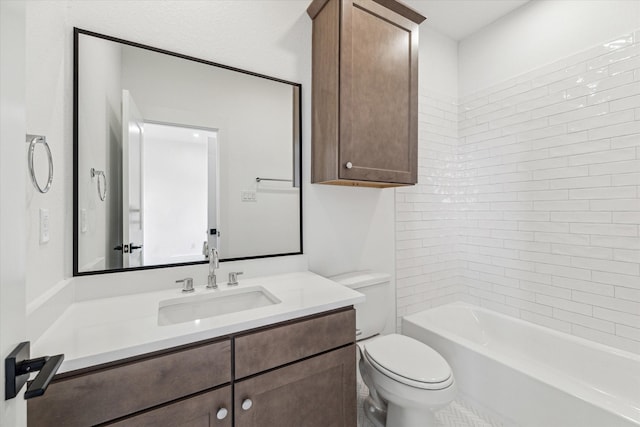 full bathroom with toilet, tiled shower / bath combo, and vanity