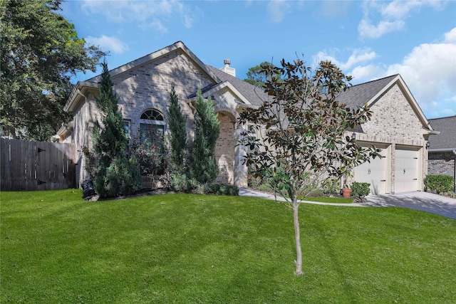 view of front of property featuring a front lawn and a garage