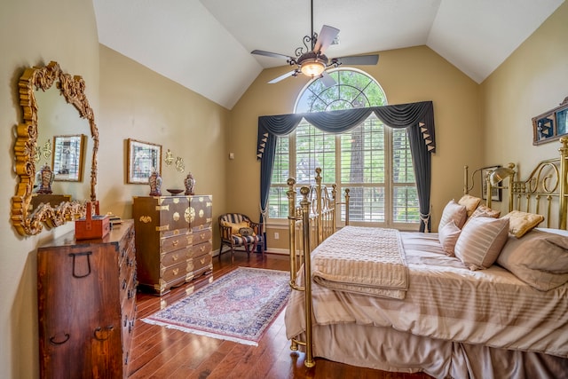 bedroom featuring wood-type flooring, ceiling fan, and vaulted ceiling