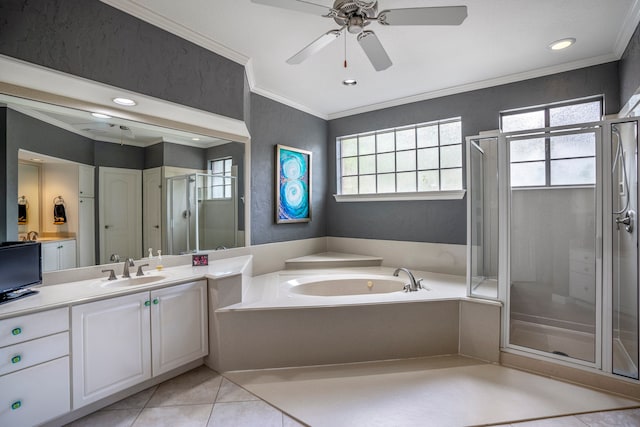 bathroom featuring tile patterned flooring, vanity, crown molding, and independent shower and bath